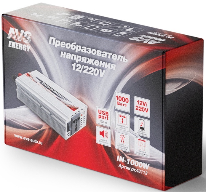 Инвертор автомобильный 12/220V AVS IN-1000W