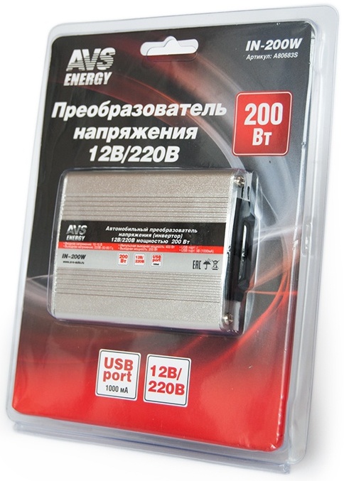 Инвертор автомобильный 12/220V AVS IN-200W