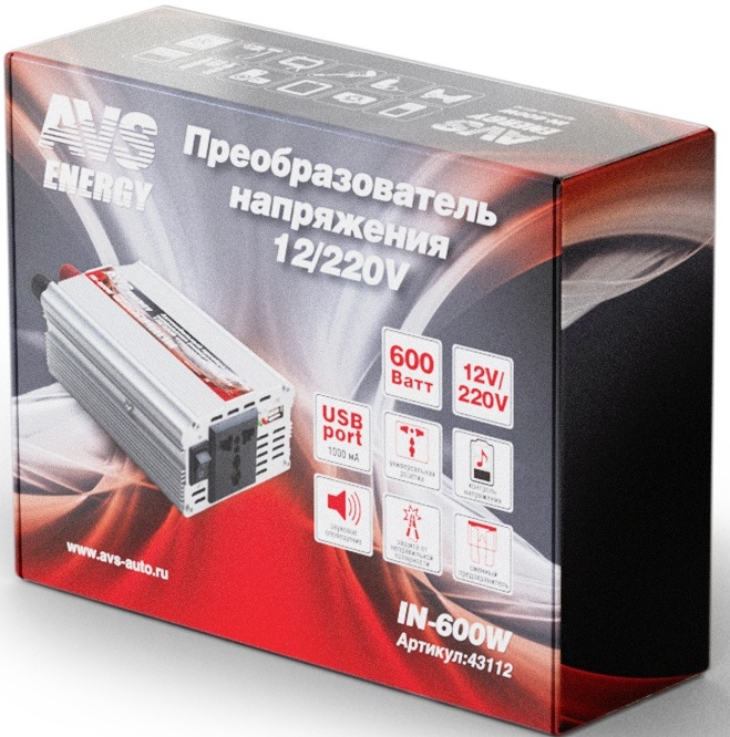 Инвертор автомобильный 12/220V AVS IN-600W