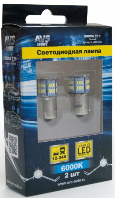 Лампа светодиодная T15 S009A белый (BA15S) 54SMD 3014, 10-30V, 1 contact, коробка 2 штуки