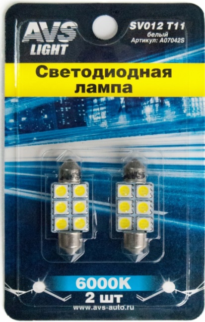 Лампа светодиодная T11 SV012 белый (SV8,5/8) 6SMD 5050, 36 мм блистер 2 штуки