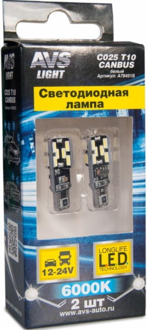 Лампа светодиодная T10 C025 белый (W2.1x9.5D) CANBUS 24SMD 4014, 12-24V, блистер 2 штуки