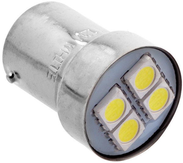 Светодиод Маяк 12T15-W\4SMD r10w 12v ba15s т15 габариты, поворот, white (белый), 4 smd диода