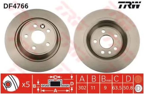 Диск тормозной задний Ford Galaxy, Kuga, Mondeo, S-Max TRW DF 4766, D=302 мм