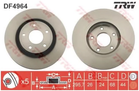 Диск тормозной передний Nissan Juke, Qashqai, Renault Koleos, Nissan X-Trail TRW DF 4964, D=296 мм