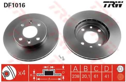 Диск тормозной передний Nissan, Renault TRW DF 1016, D=238 мм