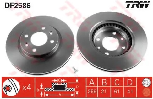 Диск тормозной передний Renault, Nissan, LADA (ВАЗ), Dacia TRW DF 2586, D=259 мм