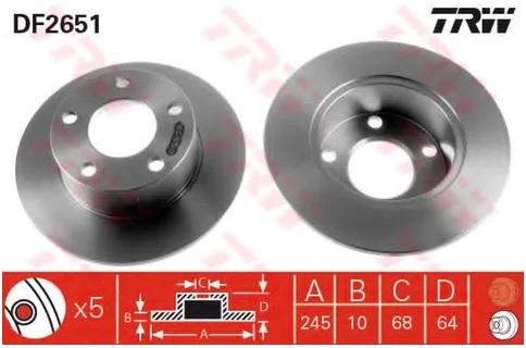 Диск тормозной задний Audi 100, A6, Skoda Superb I, VW Passat TRW DF 2651, D=245 мм 