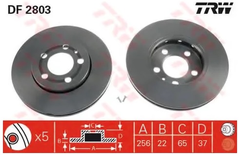 Диск тормозной передний Skoda Octavia, VW Golf IV, VW Polo Sedan TRW DF 2803, D=256 мм