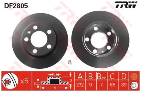 Диск тормозной задний Volkswagen, SEAT, Skoda, Audi, Renault TRW DF 2805, D=230 мм