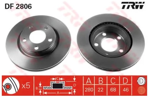 Диск тормозной передний Audi A4, A8, SEAT Exeo, VW Passat TRW DF 2806, D=280 мм