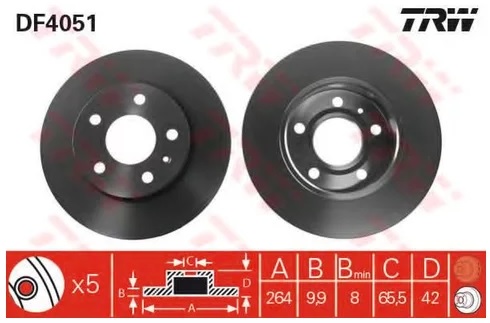 Диск тормозной задний Opel Astra TRW DF 4051, D=264 мм