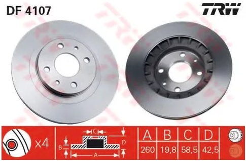 Диск тормозной передний LADA 2110, KALINA, PRIORA TRW DF 4107, D=260 мм