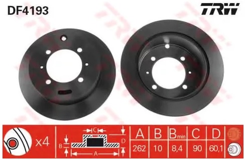 Диск тормозной задний Mitsubishi Galant, Lancer, Kia Joice TRW DF 4193, D=262 мм