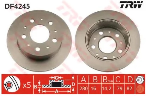Диск тормозной задний Citroen JUMPER, Fiat DUCATO, Peugeot BOXER TRW DF 4245, D=280 мм