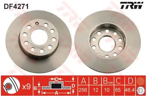 Диск тормозной задний Volkswagen Golf, Volkswagen Touran, Skoda Octavia TRW DF 4271, D=256 мм