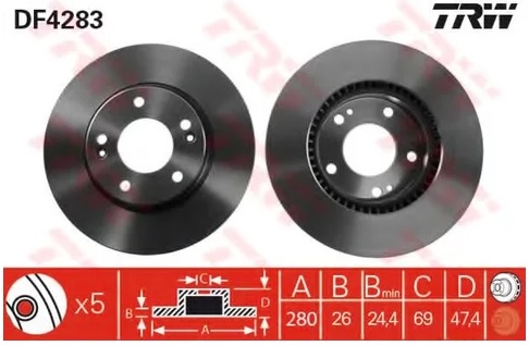 Диск тормозной передний Kia, Hyundai TRW DF 4283, D=280 мм
