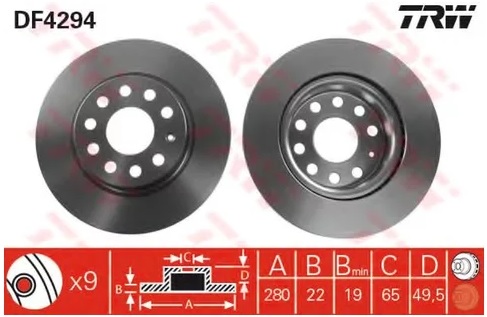 Диск тормозной передний Volkswagen Golf, Audi A3, Skoda Octavia TRW DF 4294, D=280 мм