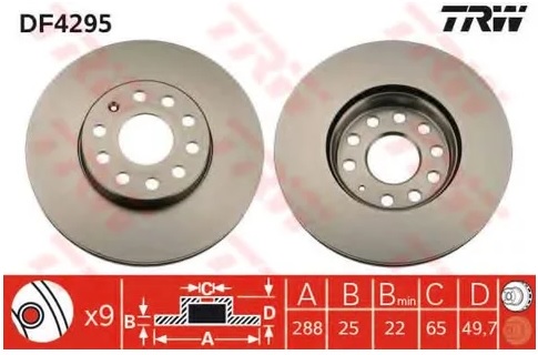 Диск тормозной передний Volkswagen, Skoda, Audi, SEAT TRW DF 4295, D=288 мм