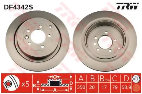 Диск тормозной задний Land Rover Discovery IV, Range Rover III, Range Rover Sport TRW DF 4342S, D=350 мм