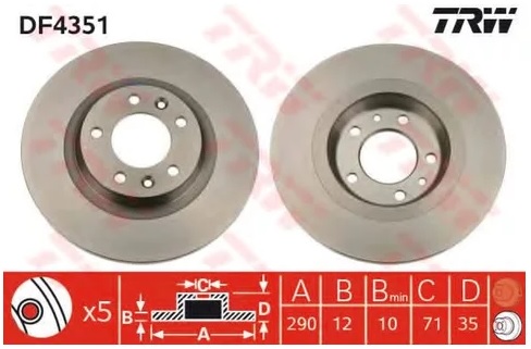 Диск тормозной задний Citroen C5 III, Peugeot 407, 508, 607 TRW DF 4351, D=290 мм