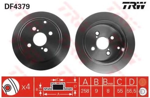 Диск тормозной задний Toyota Corolla, Yaris, Yaris Verso TRW DF 4379, D=258 мм