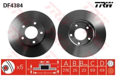 Диск тормозной передний Mazda 3, 5 TRW DF 4384, D=278 мм