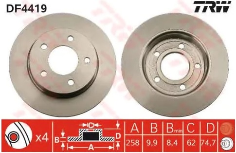 Диск тормозной задний Mazda 3 TRW DF 4419, D=265 мм