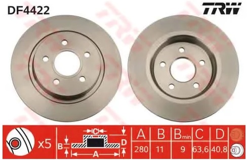 Диск тормозной задний Volvo, Ford TRW DF 4422, D=280 мм