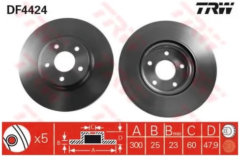 Диск тормозной передний Ford, Volvo TRW DF 4424, D=300 мм