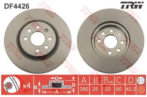 Диск тормозной передний Opel Astra, Combo, Meriva TRW DF 4426, D=280 мм