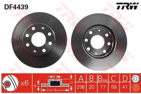 Диск тормозной передний Chevrolet Aveo, Spark, Daewoo Kalos TRW DF 4439, D=236 мм 