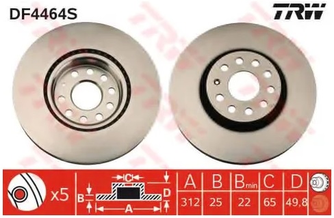 Диск тормозной передний Skoda Octavia, VW Golf, Passat TRW  DF 4464S, D=312 мм