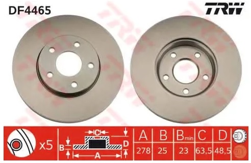 Диск тормозной передний FORD FOCUS, VOLVO S40 TRW DF 4465, D=278 мм