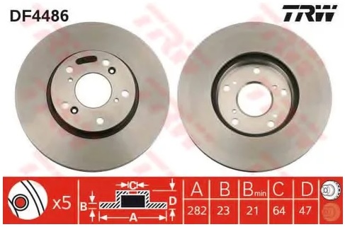 Диск тормозной передний HONDA CR-V TRW DF 4486, D=282 мм