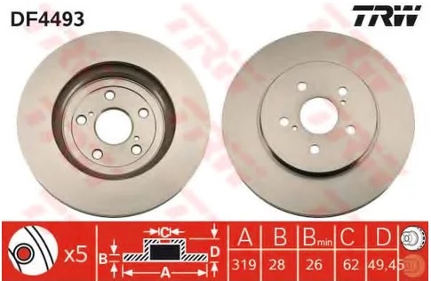 Диск тормозной передний Lexus RX, Toyota Harrier, Highlander TRW DF 4493, D=319 мм