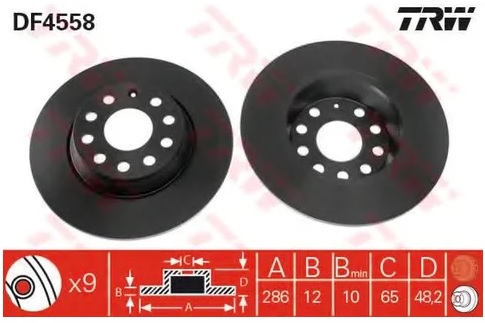 Диск тормозной задний AUDI A3, SKODA OCTAVIA, YETI, VW GOLF, PASSAT, TIGUAN TRW DF 4558, D=282 мм