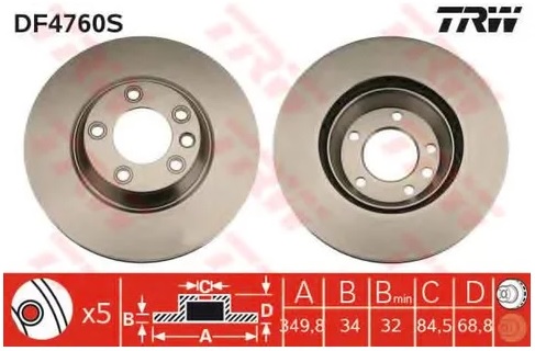 Диск тормозной передний Audi Q7, Porsche Cayenne, Panamera, VW Touareg TRW DF 4760S, D=350 мм