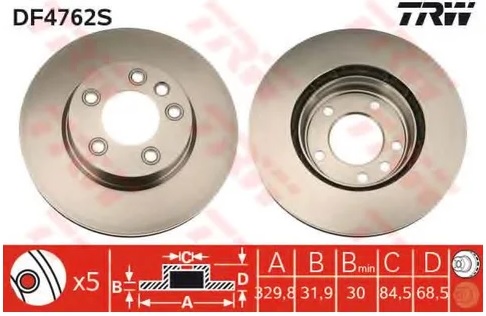 Диск тормозной передний Porsche Cayenne, VW Touareg TRW DF 4762S, D=330 мм