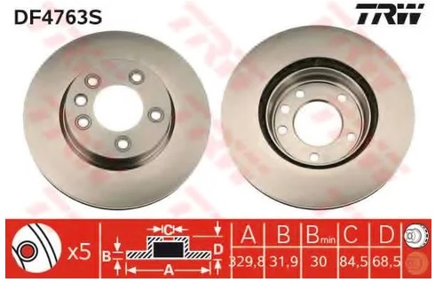 Диск тормозной передний Porsche Cayenne, VW Touareg TRW DF 4763S, D=330 мм