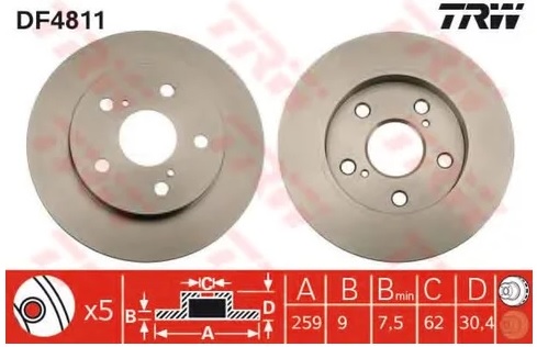 Диск тормозной задний Toyota Auris, Corolla, Corolla Rumion TRW DF 4811, D=259 мм