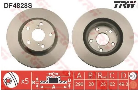 Диск тормозной передний Toyota, Chevrolet, Lexus TRW DF 4828S, D=296 мм