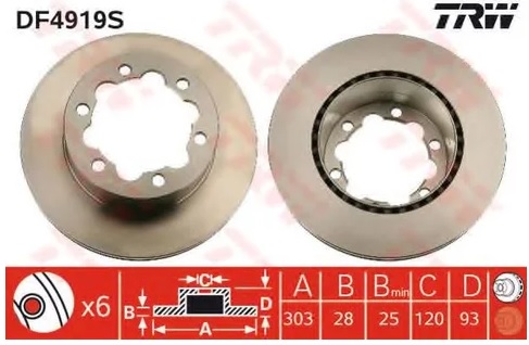 Диск тормозной передний Mercedes SPRINTER, VW CRAFTER 3035, CRAFTER 3050 TRW DF 4919S, D=303 мм