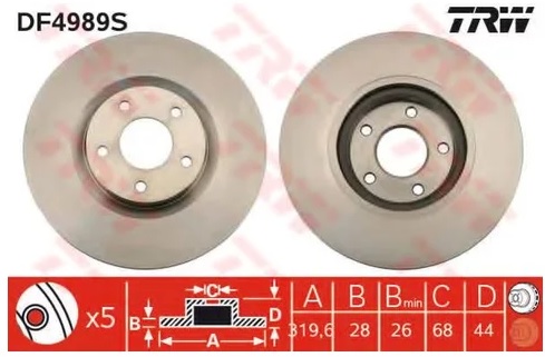 Диск тормозной передний Nissan Juke, Qashqai I, Renault Koleos I TRW DF 4989S, D=320 мм