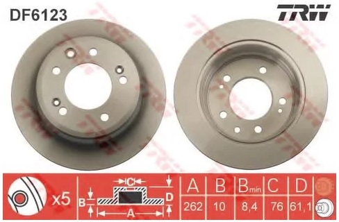 Диск тормозной задний Hyundai I30, Ix35, Kia Cee'D I-Ii, Sportage TRW DF 6123, D=262 мм