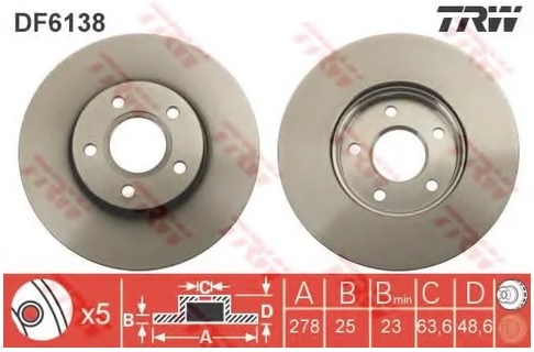 Диск тормозной передний Ford C-MAX II, Focus III TRW DF 6138, D=278 мм