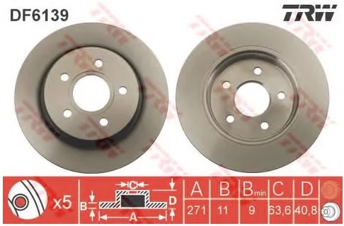 Диск тормозной задний Ford Focus III TRW DF 6139, D=271 мм