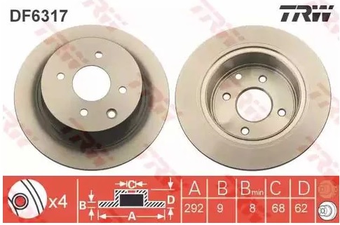 Диск тормозной задний Nissan Cube, Tiida, Versa TRW DF 6317, D=292 мм