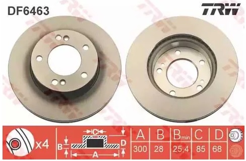 Диск тормозной передний SsangYong Rodius TRW DF 6463, D=300 мм