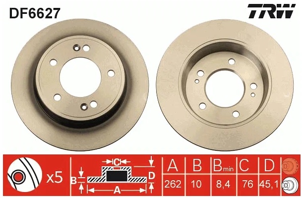 Диск тормозной задний Hyundai TRW DF 6627, D=262 мм